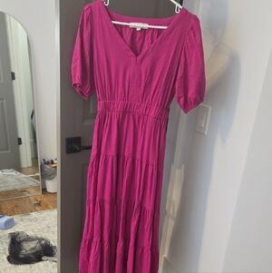 LOFT Magenta Tiered V-Neck Maxi Dress